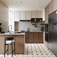 Unité de cuisine modulaire sur mesure en MDF écologique pour projets d'appartements/villas, armoires gris foncé, îlot en marbre artificiel intégré