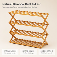 Étagère à chaussures en bambou à 4 niveaux avec étagères à lattes, structure pliable en X, design à circulation d'air pour entrée, couloir, placard