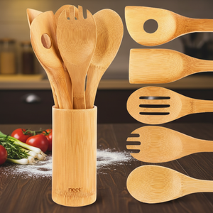 Juego de utensilios de cocina ecológicos de bambú natural: cucharas, espátulas y cucharones para cocina y ensaladas - Product Image 1