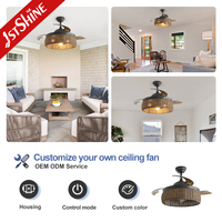 1stshine Abat-jour rétractable en rotin, usage intérieur/extérieur robuste, décoration intérieure, ventilateur de plafond télécommandé avec pales cachées