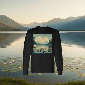 T-shirt à manches longues avec motif vintage de paysage de lac serein avec nénuphar - Product Image 3