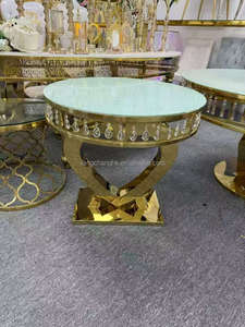 Table à gâteau de mariage de luxe en acier inoxydable doré, nouveau style, avec cristaux, tables en verre pour événements festifs - Product Image 3