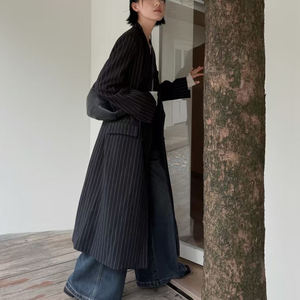 Giacca da <span class=keywords><strong>donna</strong></span> con Longline doppiopetto gessato, <span class=keywords><strong>Trench</strong></span> <span class=keywords><strong>oversize</strong></span> con risvolto per eleganti spostamenti - Product Image 4