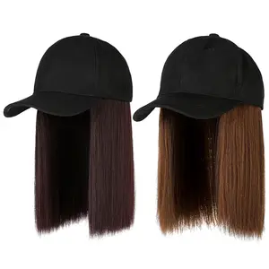 Wig topi Wig rambut Bob lurus pendek dengan topi bisbol untuk wanita Wig rambut tahan panas sintetis dengan topi yang dapat diatur