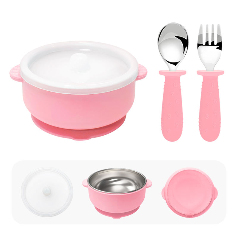 double ear bowl 1pc+spoon 1pc+ fork 1pc-Pink