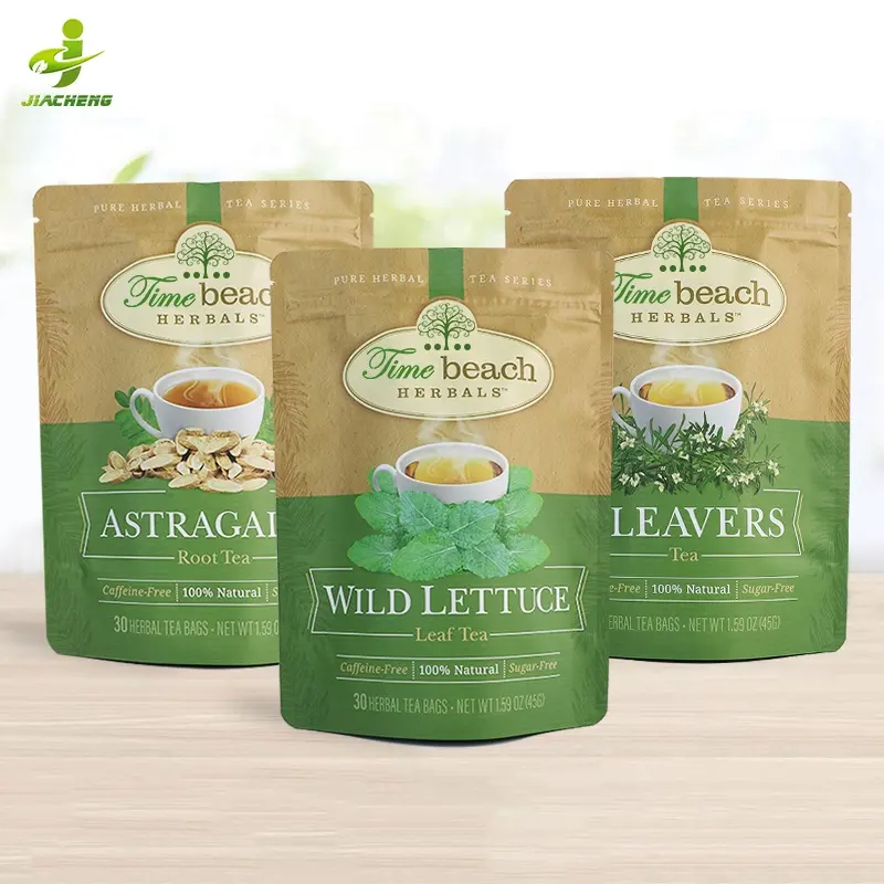 Custom empty reusable ziplock heat seal aluminium foil stand up pouch organic green flavor herbal tea packaging bags"