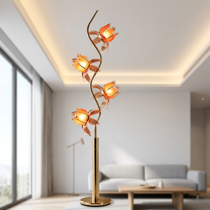 Magnifique lampadaire en forme de fleur de lotus, avec tige en métal doré en forme de S, abat-jour en verre, lumière décorative pour l'intérieur de la villa - Product Image 3