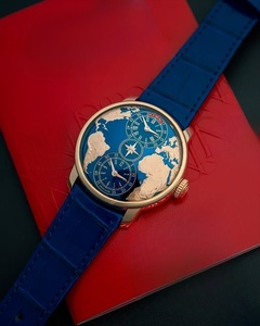 Đồng hồ đeo tay có dây đeo bằng da có mặt số bằng thép không gỉ theo chủ đề bản đồ thế giới Đồng hồ đeo tay có dây đeo bằng da màu xanh lam Màu vàng Khuôn mẫu màu sắc hai múi giờ - Product Image 4