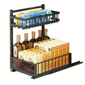 Étagère de rangement sous évier de salle de bain à 2 niveaux en acier métallique, 2 paniers coulissants et de rangement à 2 niveaux - Product Image 1