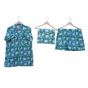 Indian Handmade 100% Pure Cotton Women's Pajama Set Romantic Floral Print <b>Drawstring</b> Closure V-Neck Short Sleeve Quick Dry - Product Image 2