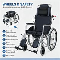 Fauteuil roulant inclinable pour le transport de patients avec siège toilette, cadre en alliage d'aluminium pour les soins hospitaliers et les soins aux patients