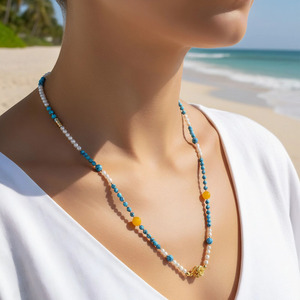 Collier bohème en perles turquoise et perles <span class=keywords><strong>de</strong></span> culture, collier fait main avec pierres bleues et accents jaunes, <span class=keywords><strong>bijou</strong></span> d'été pour la clavicule - Product Image 1
