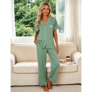 Conjunto de Pijama para Mujer con Botones, Manga Corta y Pantalones Largos, Ropa de Dormir Suave con Bolsillos - Product Image 2