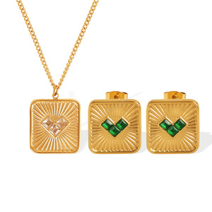 Thai Retro Style Women's Heart Zircon Jewelry <b>Set</b> <b>Square</b> Pendant Necklace Earrings Everyday Wear Bezel Setting - Product Image 5