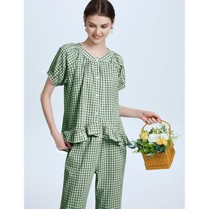 Womens Plaid 2 Piece Pajamas Set Gingham Button <b>Down</b> Short Sleeve Ruffle <b>Pants</b> Lounge Wear Sleepwear - Product Image 3