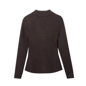 Veste de costume ajustée en maille marron pour femme, deux boutons, ornée de bijoux, couleur café, taille SML, style fashionista urbain - Product Image 4