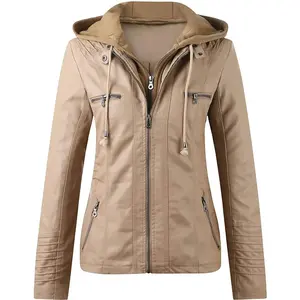 2023 Custom Fashion Ladies Casual Stand Collar Detachable Cap PU leather Biker Jacket Coat Women's PU leather jacket