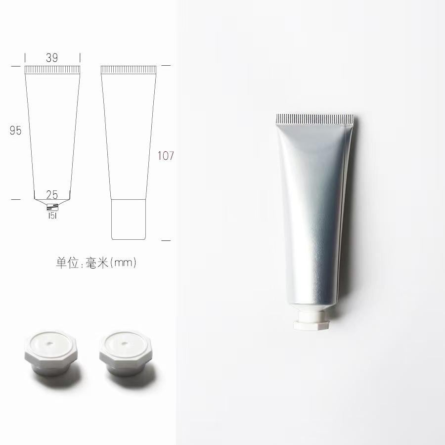 Tube en plastique aluminium argenté + Bouchon octogonal blanc