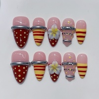 Kuku Akrilik Pre-Desain Buatan Tangan Motif Bunga Kecil 3D Garis Polkadot Kontras Merah Anggur Almond Kartun Retro Amerika