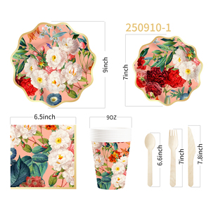 Decoración de Fiesta con Temática Floral DAMAI, Juego de Vajilla de Papel con Diseño de Peonías de Lujo, Platos, Vasos y Servilletas para Fiesta de Té - Product Image 6