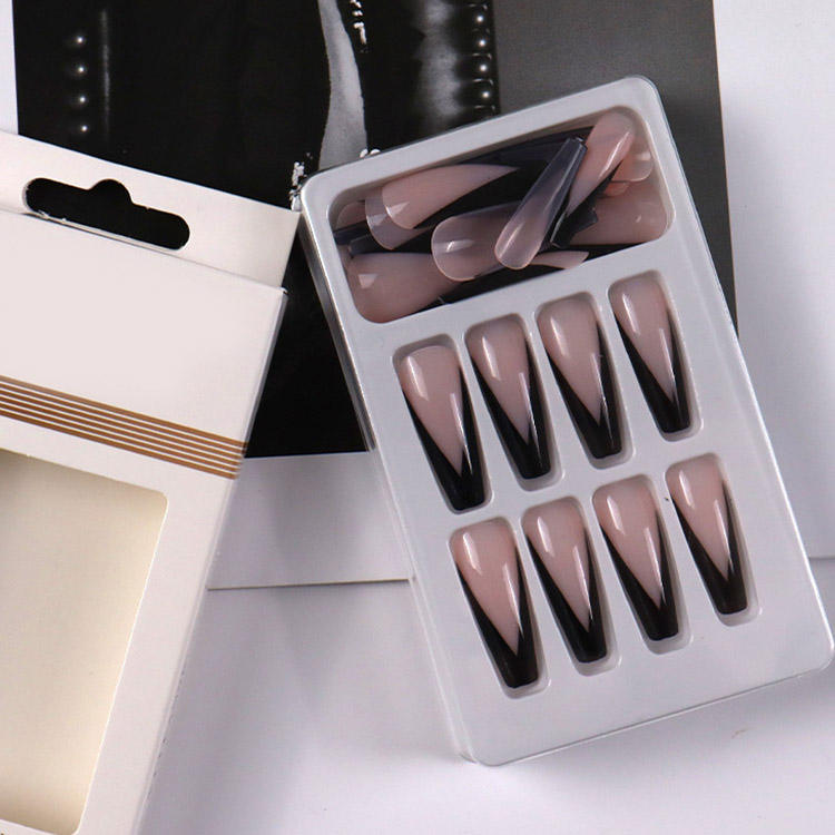 Press on Nails 24 Pieces High Quality French Coffin Shape Pink Nude Blue Tips False Nails