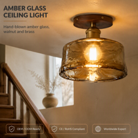Plafonnier avec abat-jour en verre ambré, E27, 220V, luminaire avec finition couleur noyer, pour restaurant et maison