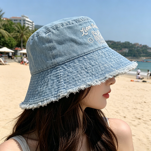 Sombrero de Pescador de Mezclilla con Logotipo Personalizado, Estilo Vintage, Lavado, Azul, Bordado con Danza del León, Protección Solar, Ala Ancha, 100% Algodón - Product Image 3