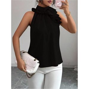 Blusa de oficina elástica de gasa sin mangas con cuello simulado y volantes personalizada para mujer - Product Image 4