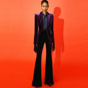 Chaqueta de terciopelo púrpura de dos piezas para mujer, conjunto de chaqueta y pantalones con cuello de pico, conjunto de trajes de negocios