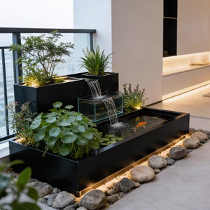 Fontaine d'eau moderne en acier inoxydable RGB avec cascade en verre, bac à fleurs personnalisable pour terrasse extérieure, cour et aménagement paysager - Product Image 5