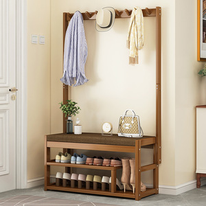 Multifunctional Shoe <b>Rack</b> With Bench And Coat Hooks Bamboo Material Space Saving Design For Entryway Storage - Product Image 1