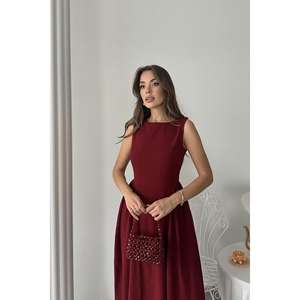 ชุดราตรีผ้าลินินสีเบอร์กันดีความยาวปานกลางแบบขายส่ง พร้อมดีไซน์จับจีบด้านข้าง - Product Image 3