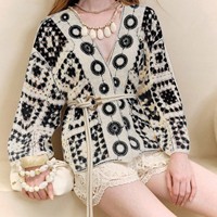 Nouveau rétro ample surdimensionné crochet tricot cardigan fabricant de pull à la mode d'automne pour femmes personnalisé en gros