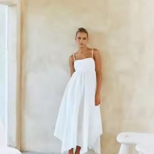 Vestido Casual Elegante de Verano para Mujer, con Dobladillo Asimétrico, de Algodón Blanco, Holgado, Midi - Product Image 4