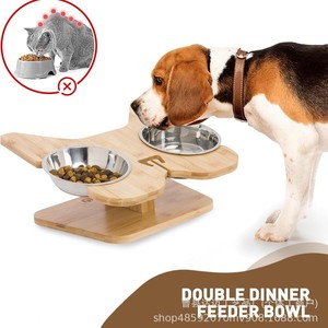 Wooden Elevated Pet <b>Feeder</b> With Stainless Steel Bowls Non Slip Dog <b>Cat</b> Food Bowl Stand For Pets - Product Image 2