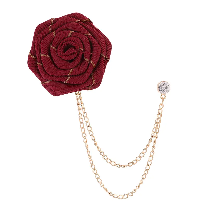 Hot sale alloy tassel chain satin fabric rose flower brooch Corsage Flower Long Needle With Chain Brooches Color Men Brooch
