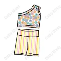 QL2022 custom smiley designer Ins children's summer girls off shoulder crop top western stripe shorts girls boutique clothing