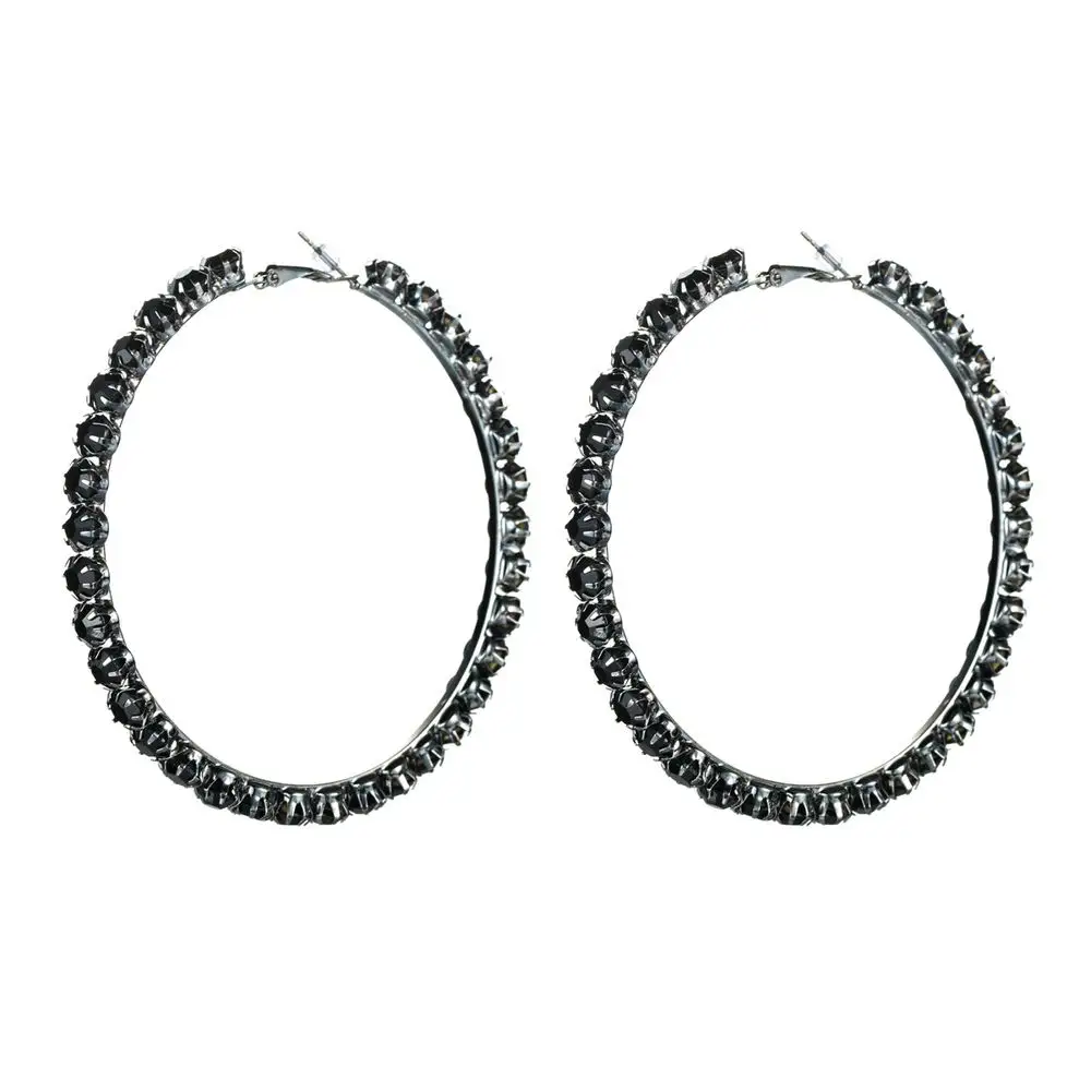אופנה נשי טמפרמנט שחור קריסטל עגילי יהלומים מוגזם גדול שחור חישוק עגיל