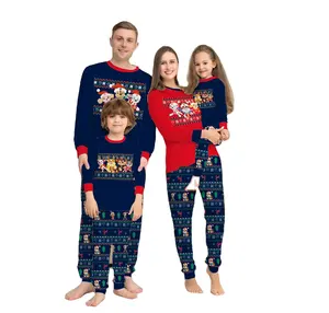 New design round neck long sleeve cartoon print Christmas parent-child set festive lovely home wear family pajamas outfit