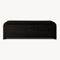 Meuble TV Console Multimédia en Chêne Massif Séché au Four, Meuble de Salon 3 Portes à Profil Courbé, Style Japandi Moderne