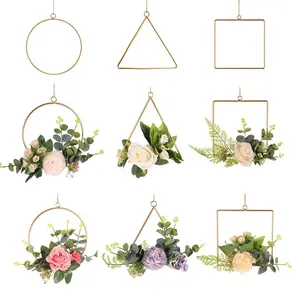 Lingkaran Logam Geometris, Karangan Bunga Buatan untuk Hiasan Dinding Pernikahan Rumah Dekorasi Natal