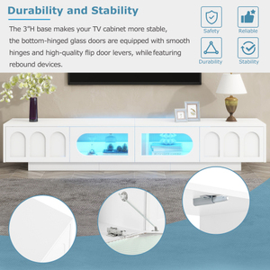 OE HOME Mid-Century Modern TV Stand Fluted Tempered Glass <b>Doors</b> Adjustable Storage APP-Controlled LED <b>Light</b> White for Living - Product Image 6