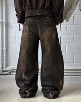 DiZNEW Pantalon en jean délavé pour homme, coupe ample et large, style cargo sculptural, effet vieilli et déchiré, poids lourd