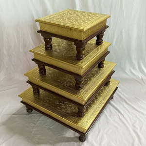 Handmade Handicraft Wooden Brass Fitted Inlay Bajot Chowki Set Of 4 For Pooja <b>Unit</b> Wedding Gift For Home Hotel And Pooja <b>Unit</b> - Product Image 1