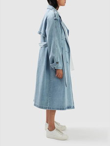 <span class=keywords><strong>Trench</strong></span> Coat Denim <span class=keywords><strong>Femme</strong></span> Oversize Long Double Boutonnage Ceinturé Bleu Clair Lavé Revers Maxi Veste Streetwear - Product Image 2