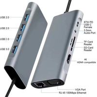 11 in 1 HUB USB C Multiport Adapter dengan 2 HD 4K 30Hz 4 USB 3.0 Hub 3.5MM AUX 11 Port Dock Station untuk Laptop Splitter Grosir