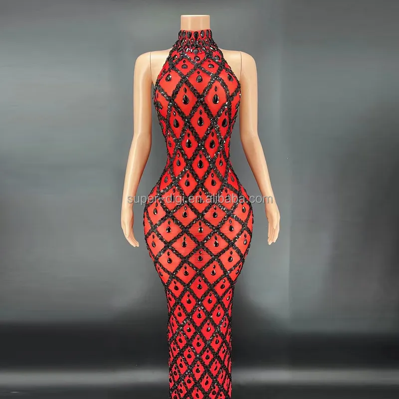 Brand Fashion Clothing Maxi Evening Gown Dresses Off Shoulder Gorgeous New Design Sequins Party Gown Red Rhinestone Dress