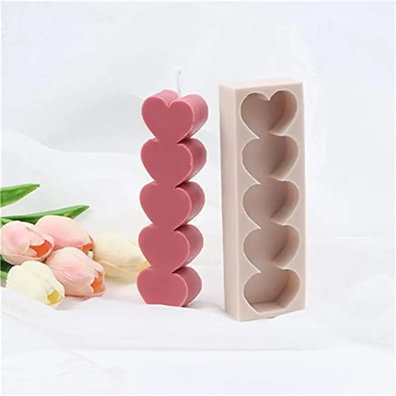 DIY Homemade Reusable Home Decoration 5 Heart Shape Love Silicone Candle Mold for Wedding Party Dinner Candle Making
