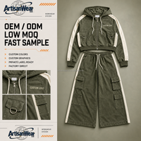 Ensemble décontracté homme personnalisé en jean délavé olive avec poches utilitaires et détails rayés sur le côté – Fabrication OEM/ODM