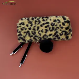 Furry Fashion Pencil Case Leopard Plush Pencil Case With Pompom